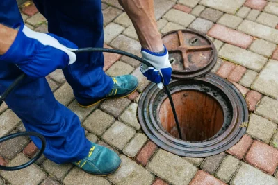 Plumber cleaning an outdoor sewer drain in Winder
