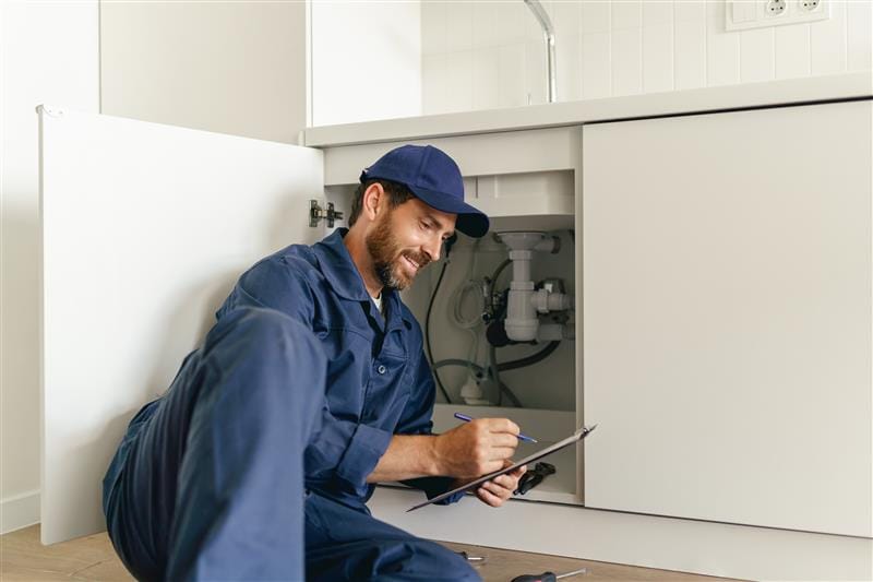 Residential plumber reviewing plumbing repairs in a Winder kitchen