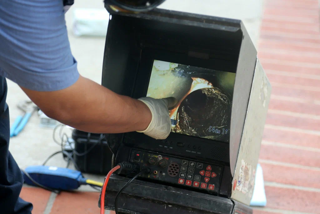 Technician viewing a drain inspection camera in Winder