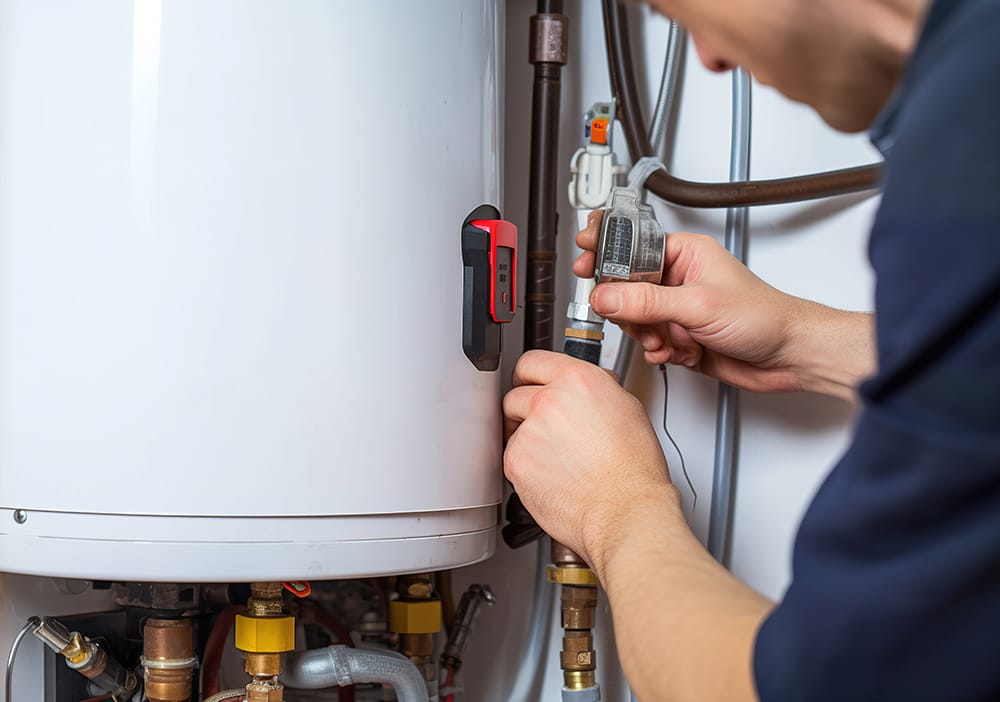 Technician repairing pipes connected to a water heater in Winder